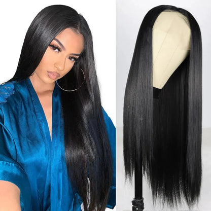 Schwarze glatte Lace-Front-Perücke, hitzebeständig
