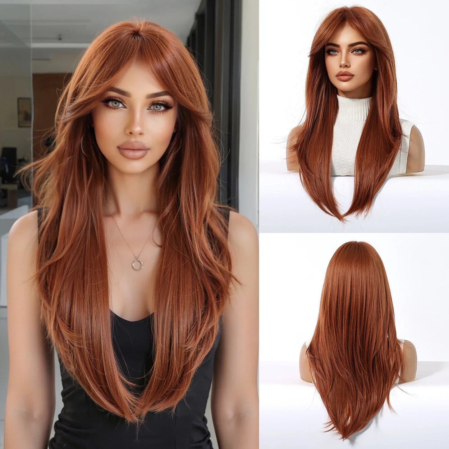 Schwarze Perücke mit rotem Highlight & Pony – Produktfoto 8
