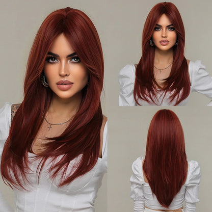 Schwarze Perücke mit rotem Highlight & Pony – Produktfoto 9