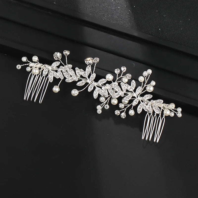 Perle-Blatt-Kristallkamm mit Tiara