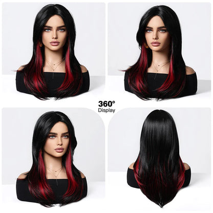 Schwarze Perücke mit rotem Highlight & Pony – Produktfoto 2