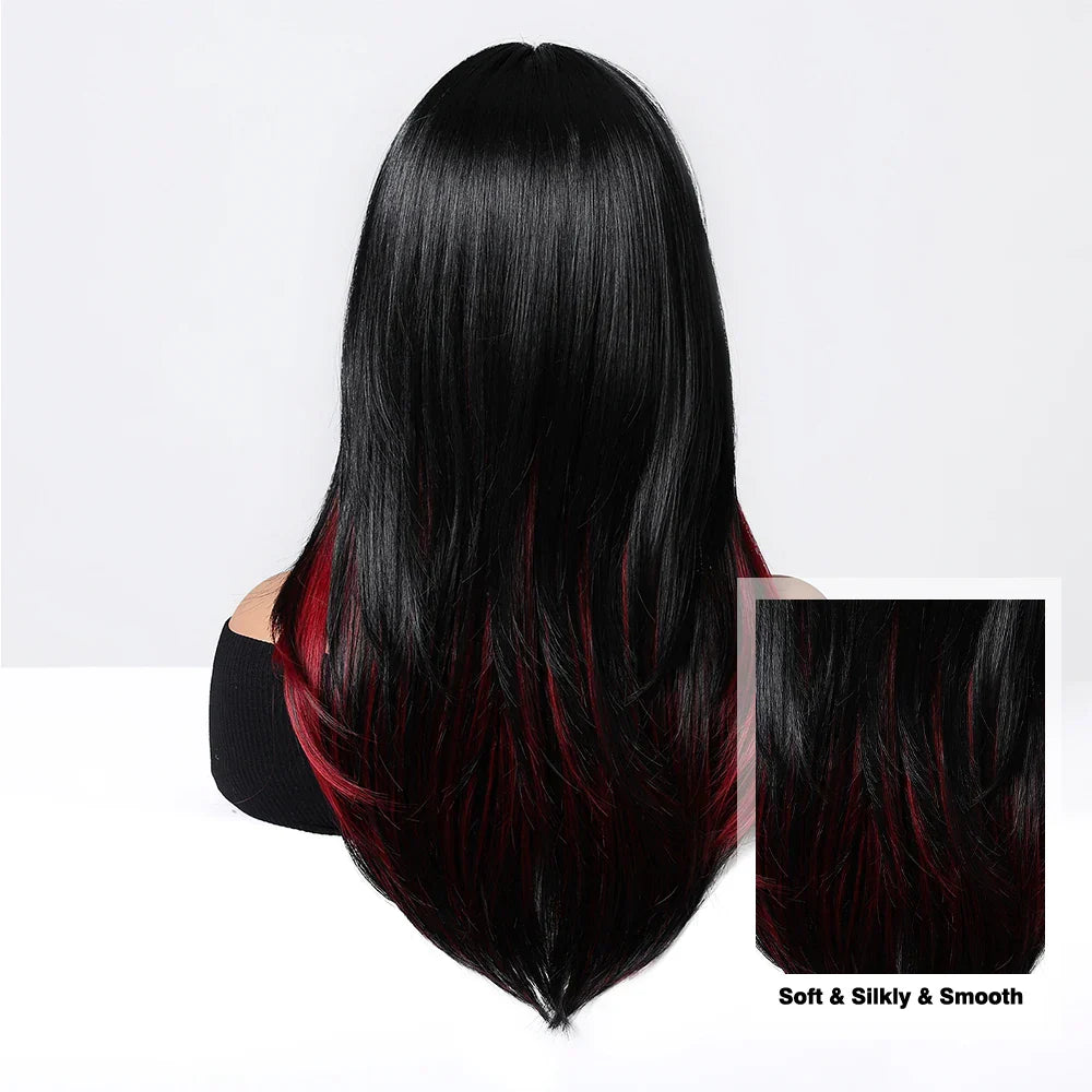 Schwarze Perücke mit rotem Highlight & Pony – Produktfoto 3