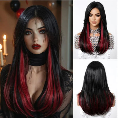 Schwarze Perücke mit rotem Highlight & Pony – Produktfoto 1