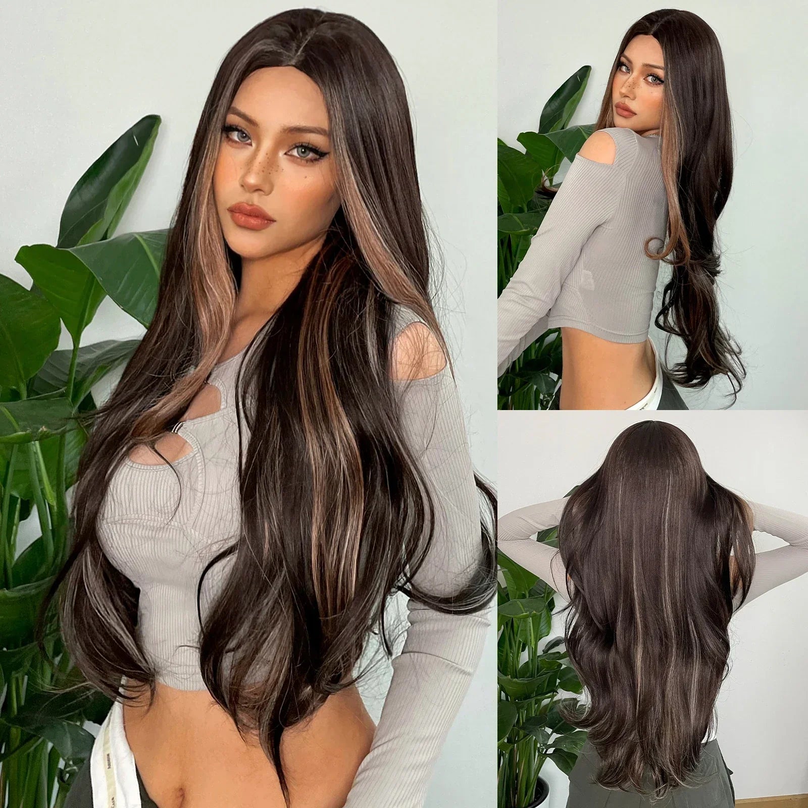 Schwarze Perücke mit rotem Highlight & Pony – Produktfoto 7