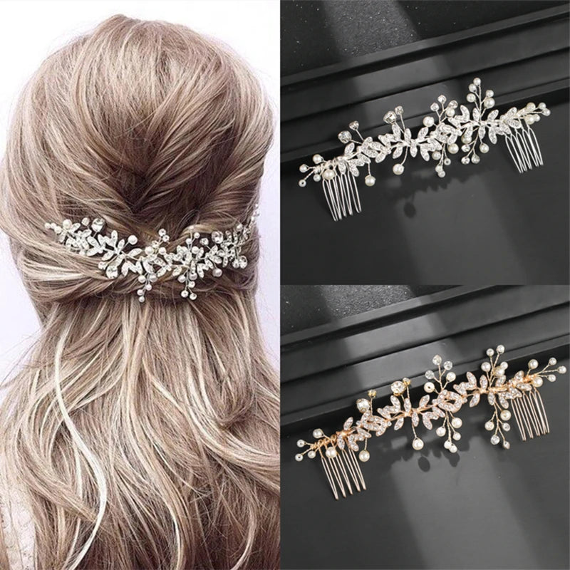 Perle-Blatt-Kristallkamm mit Tiara