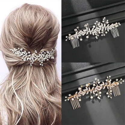Perle-Blatt-Kristallkamm mit Tiara