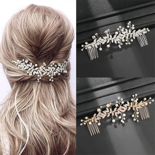 Perle-Blatt-Kristallkamm mit Tiara
