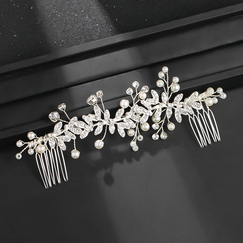 Perle-Blatt-Kristallkamm mit Tiara