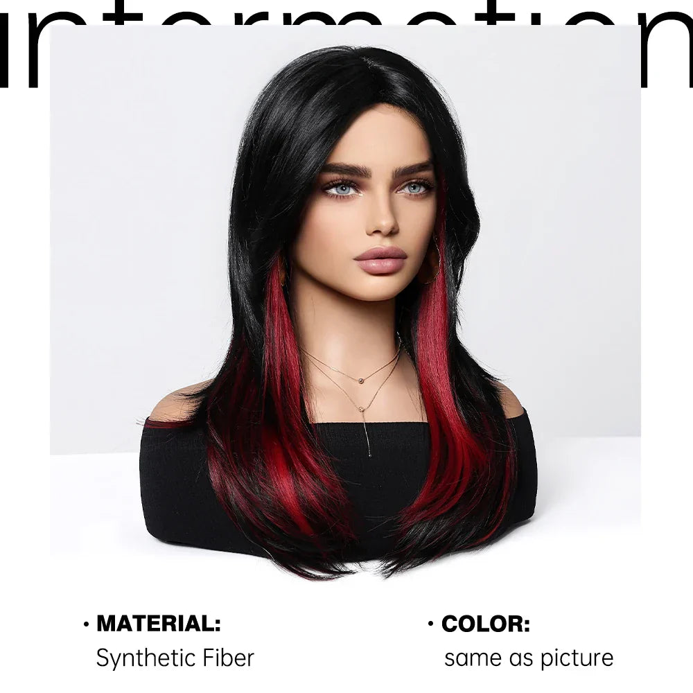 Schwarze Perücke mit rotem Highlight & Pony – Produktfoto 5