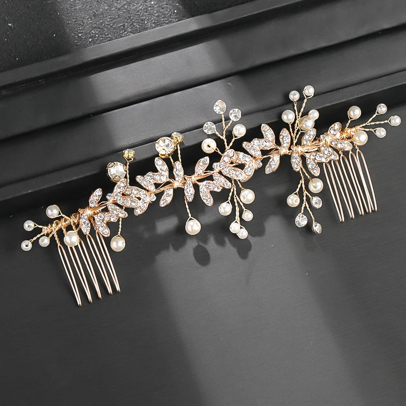 Perle-Blatt-Kristallkamm mit Tiara