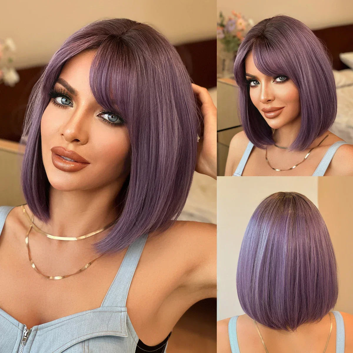 Braune Bob-Perücke mit Pony, hitzebeständig – Produktfoto 13
