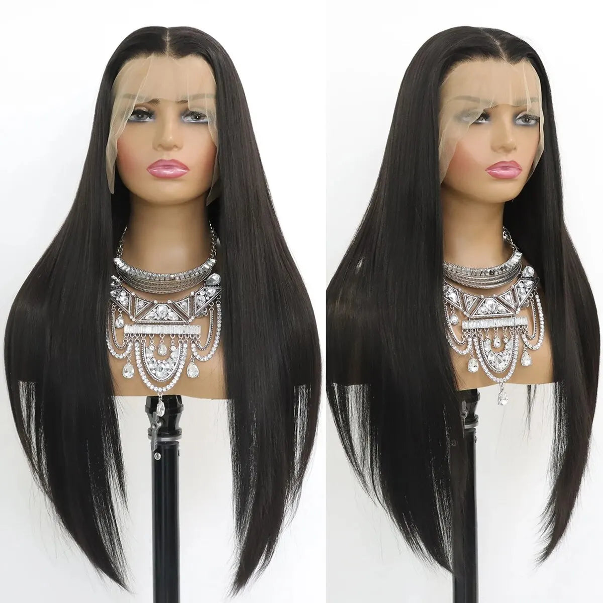 Schwarze glatte Lace-Front-Perücke, hitzebeständig