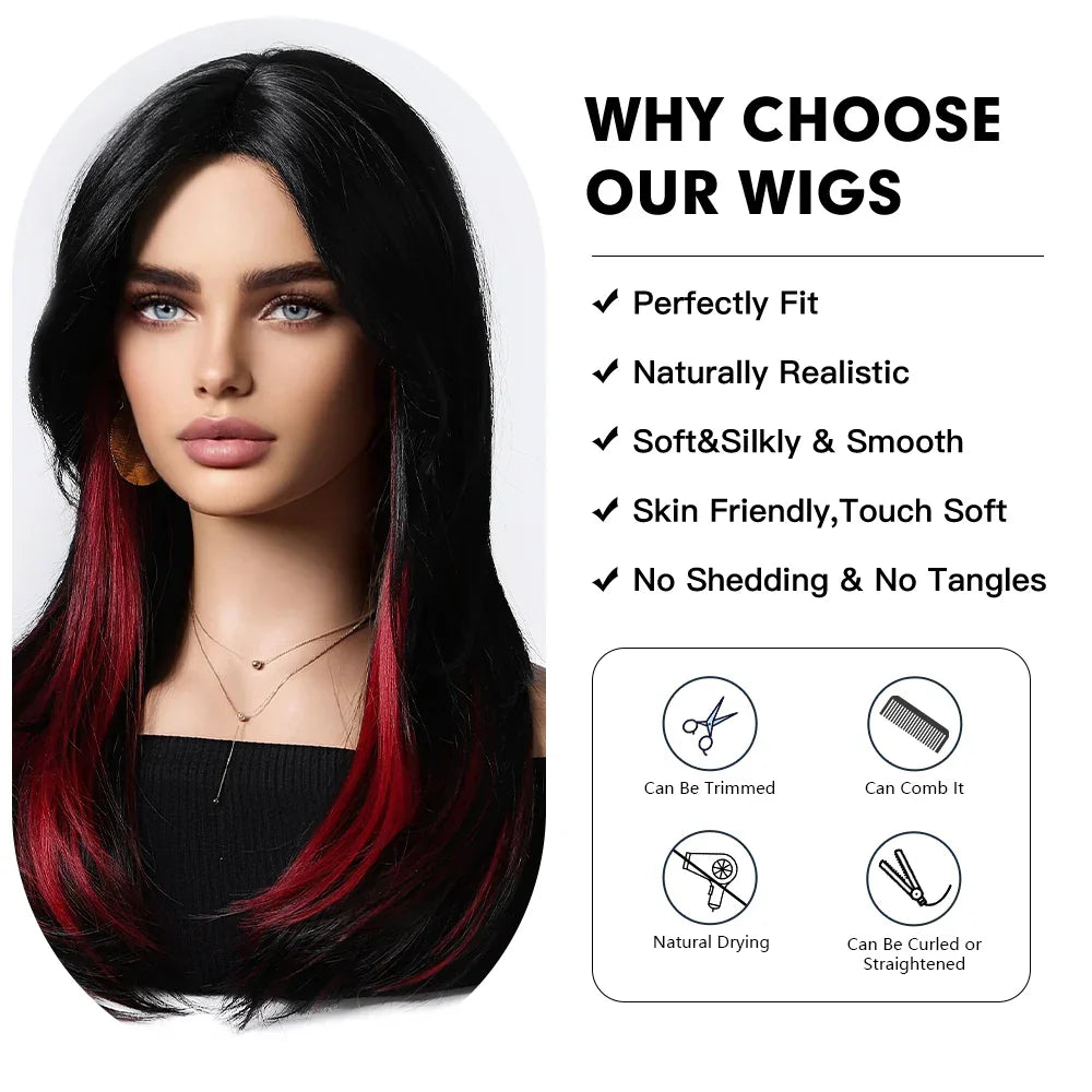 Schwarze Perücke mit rotem Highlight & Pony – Produktfoto 4